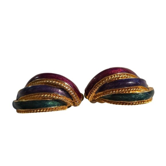 80's Couture Gold Tone Enamel Clip On Earrings Byzantine Designer Statement Runw - Picture 2 of 5
